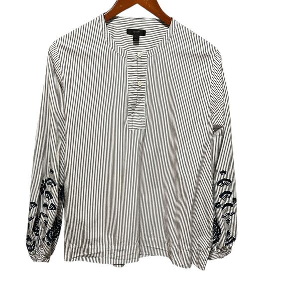 J Crew Embroider Stripe Blouse‎ Tie Back Top L Cottagecore Prairie Boho Feminine - Picture 1 of 6
